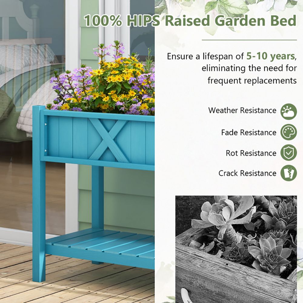 Elevated Planter Box with Storage Shelf and Efficient Drainage
