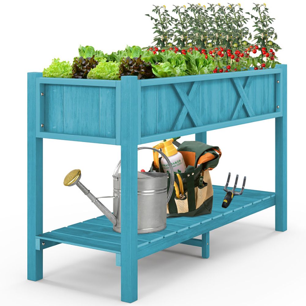 Elevated Planter Box with Storage Shelf and Efficient Drainage