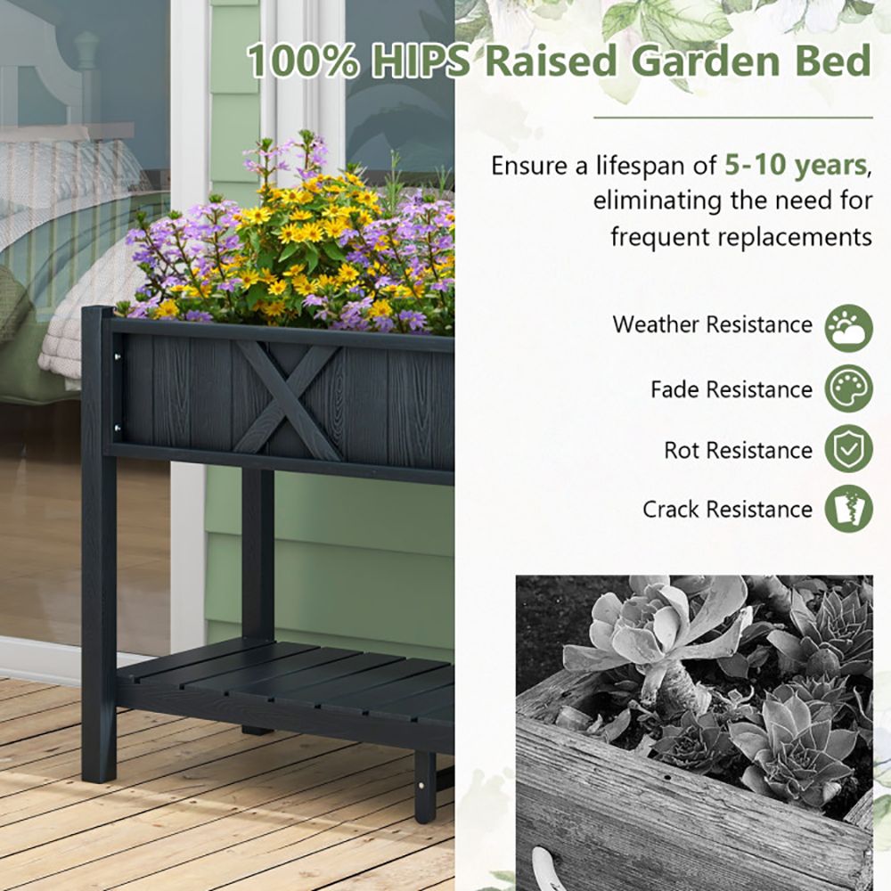 Elevated Planter Box with Storage Shelf and Efficient Drainage