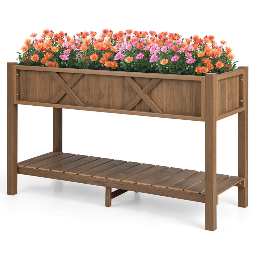 Elevated Planter Box with Storage Shelf and Efficient Drainage