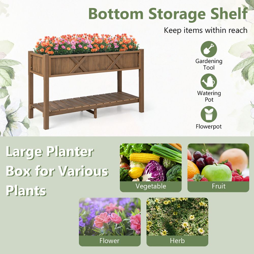 Elevated Planter Box with Storage Shelf and Efficient Drainage