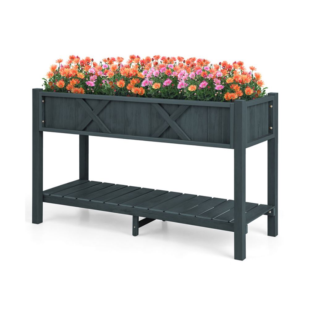 Elevated Planter Box with Storage Shelf and Efficient Drainage