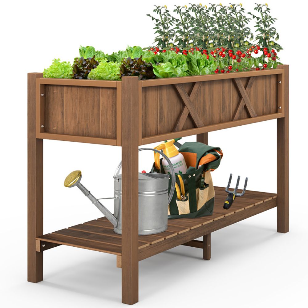 Elevated Planter Box with Storage Shelf and Efficient Drainage
