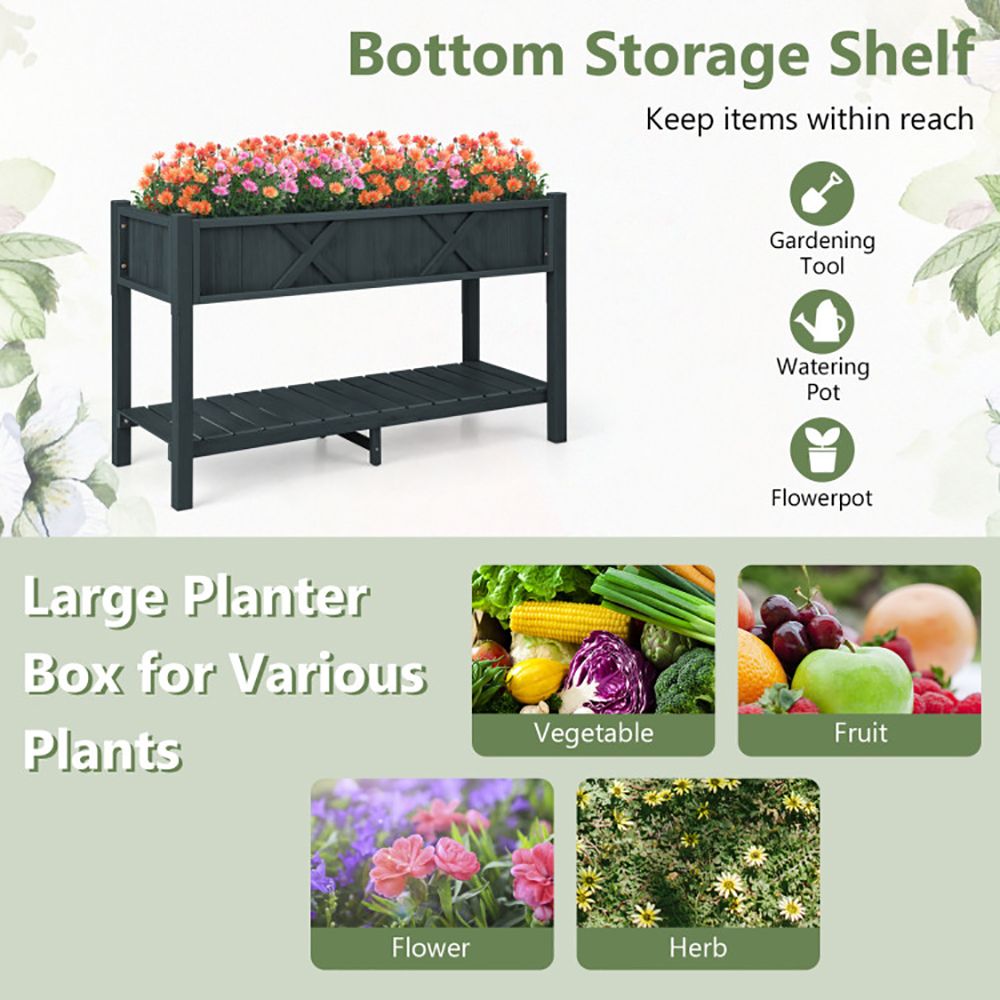 Elevated Planter Box with Storage Shelf and Efficient Drainage