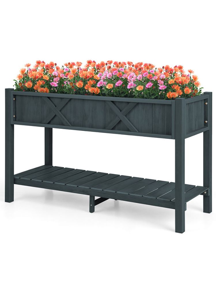 Elevated Planter Box with Storage Shelf and Efficient Drainage