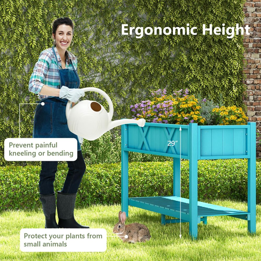 Elevated Planter Box with Storage Shelf and Efficient Drainage