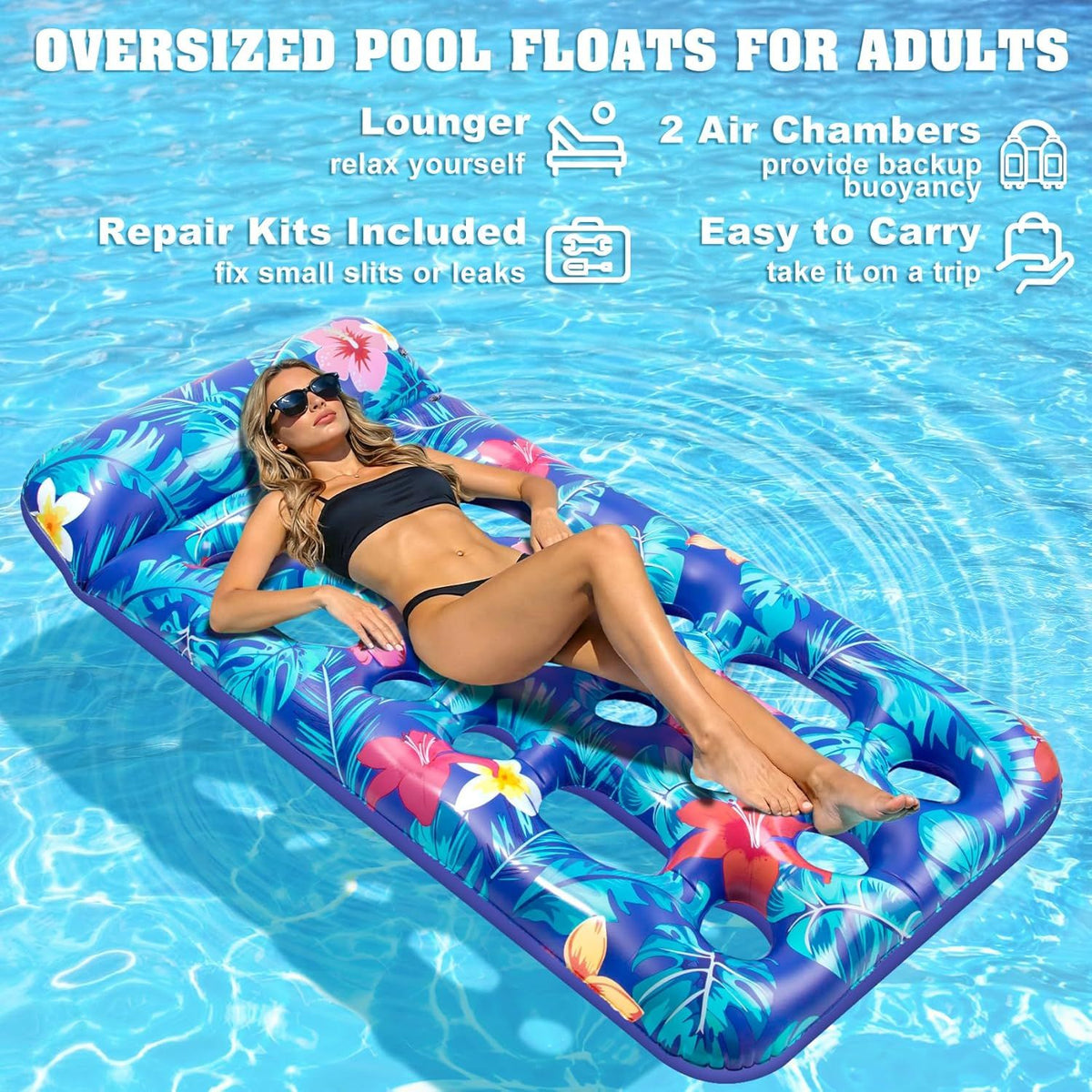Inflatable Tanning Pool Float Lounger for Adults - Cooling Pool Rafts for Summer - navy