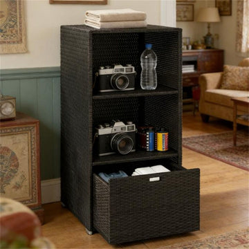 Functional Towel Valet Rack with Storage Shelves and Drawer for Pool or Patio