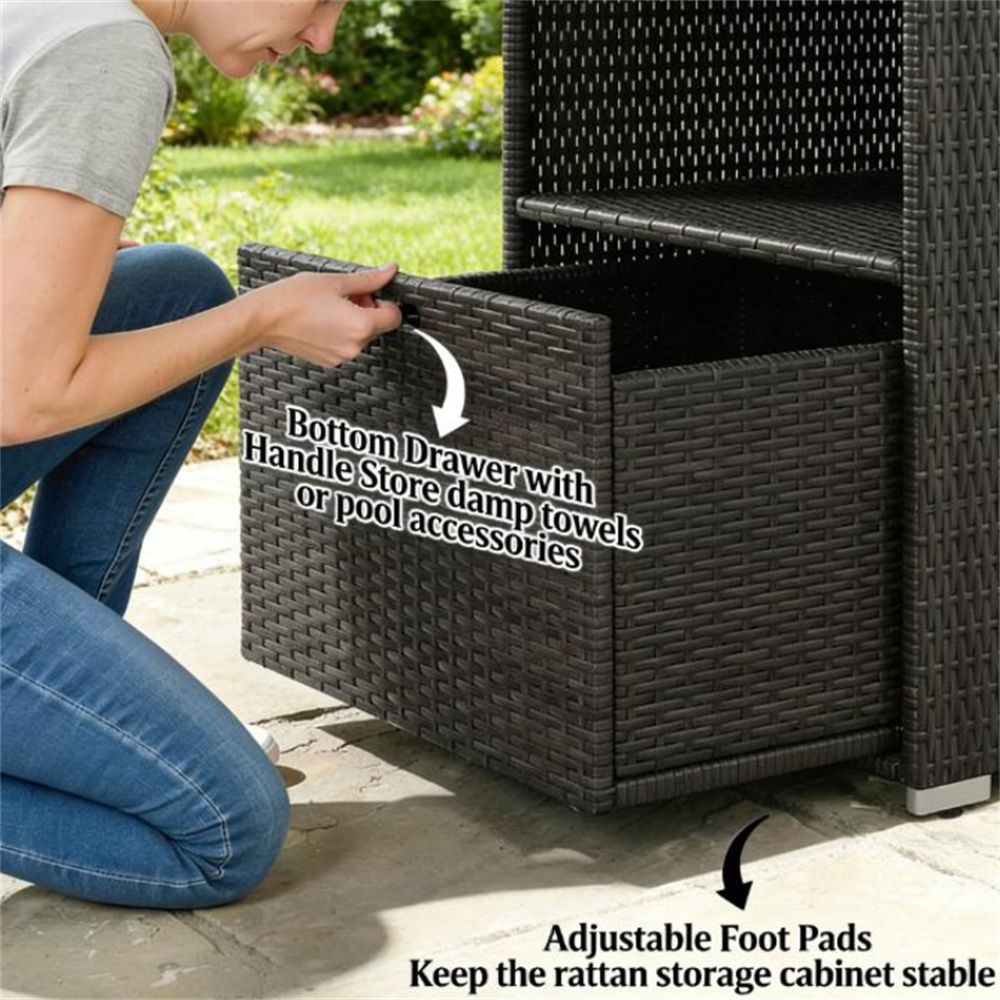 Functional Towel Valet Rack with Storage Shelves and Drawer for Pool or Patio