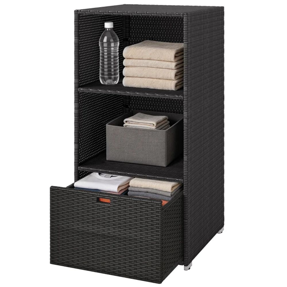 Functional Towel Valet Rack with Storage Shelves and Drawer for Pool or Patio