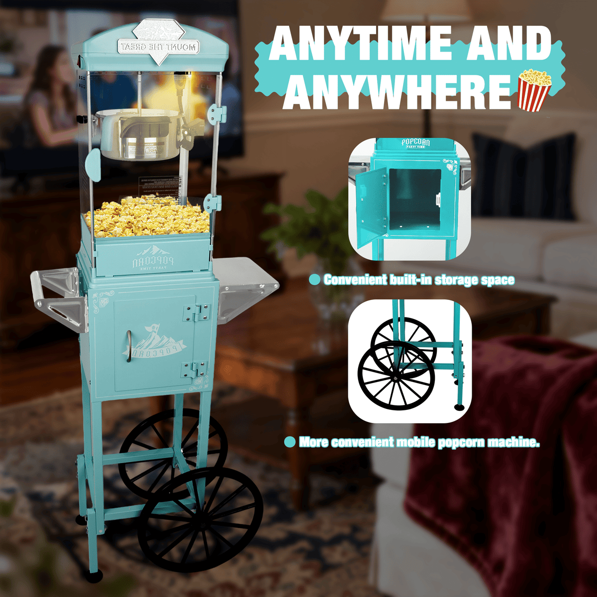 Green Theater Popcorn Machine with Wheeled Cart
