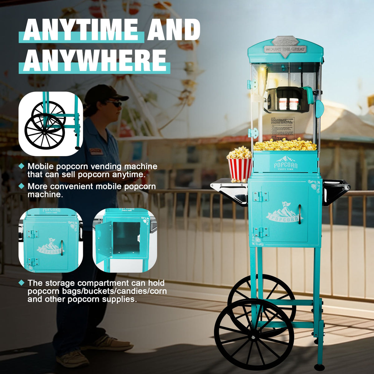 Green Theater Popcorn Machine with Wheeled Cart