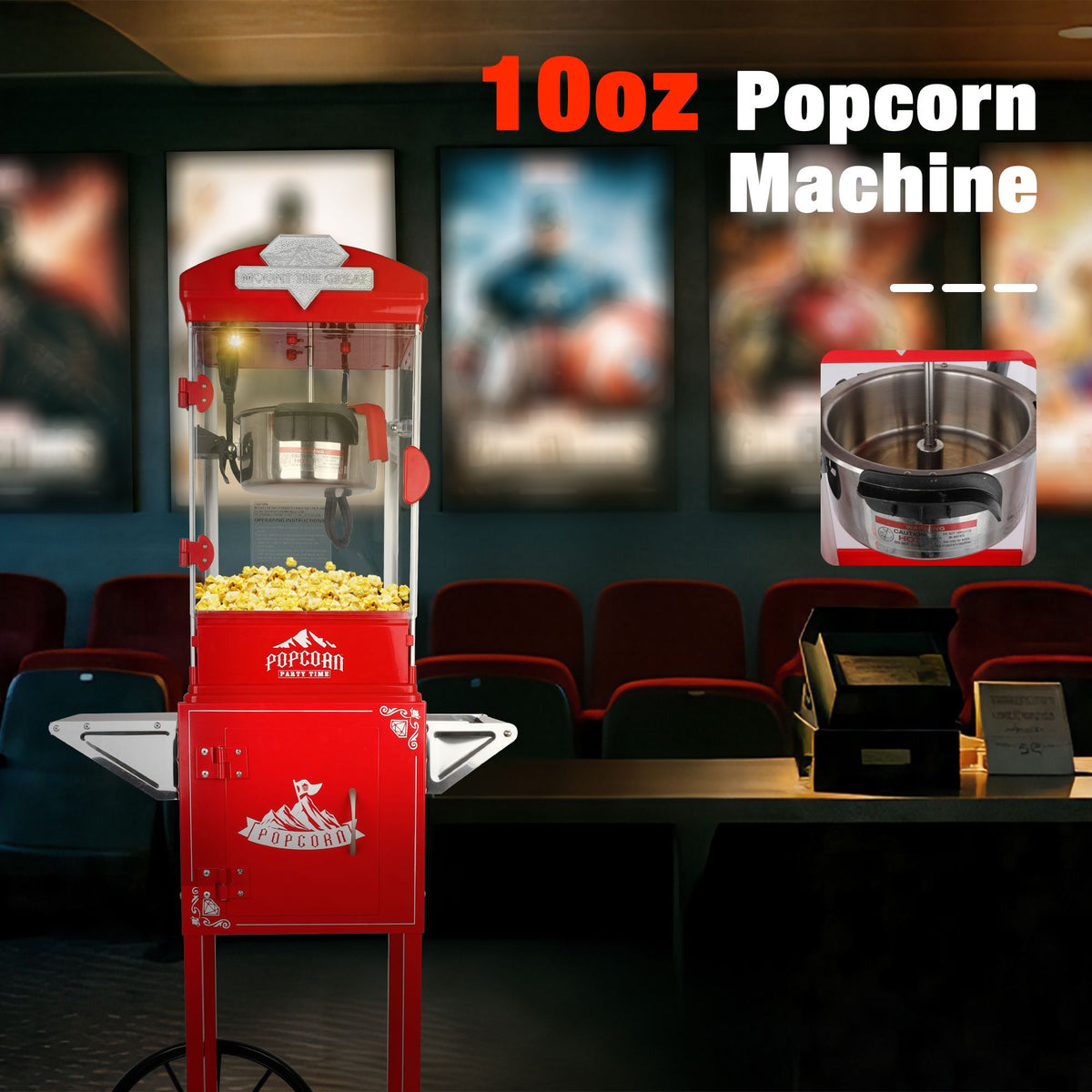 Red Popcorn Machine with Wheeled Storage Cart