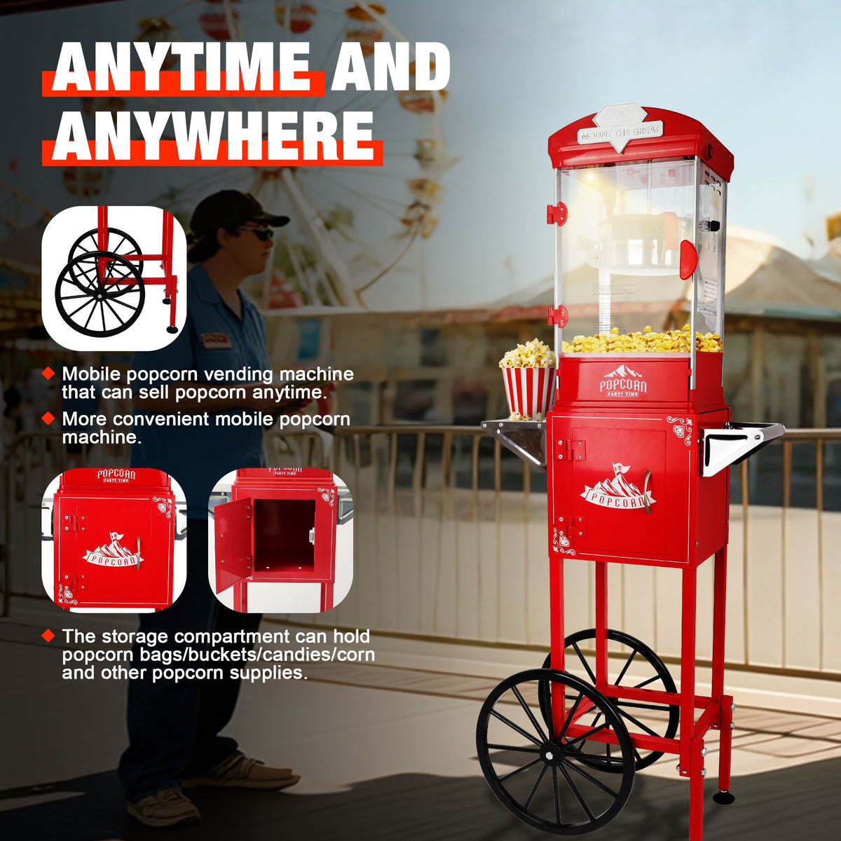 Red Popcorn Machine with Wheeled Storage Cart
