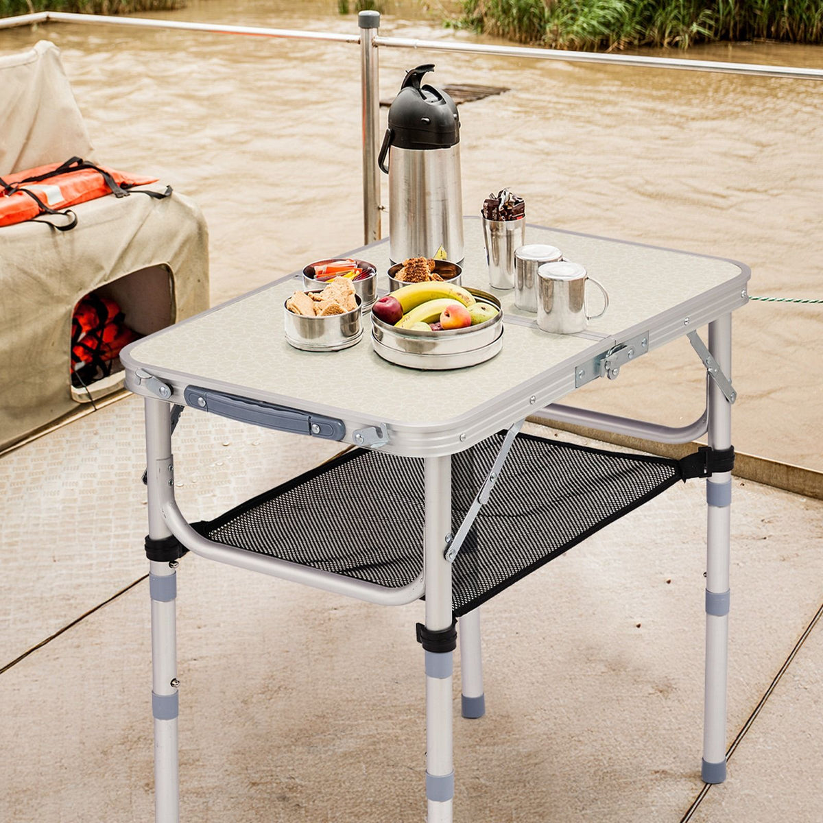 Adjustable Folding Camping Table with Mesh Shelf
