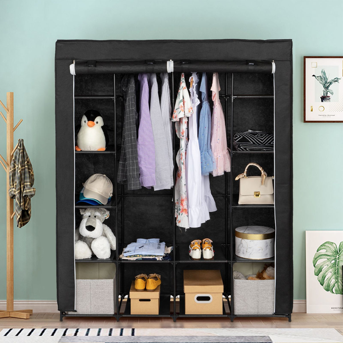 Portable Closet Organizer Storage, Wardrobe Closet with Non-Woven Fabric 14 Shelves, Easy