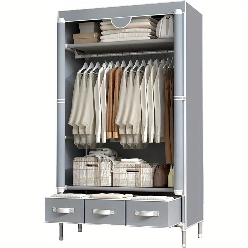 Portable Clothes Closet with Rolling Door, Hanging Rack & 3 Drawers