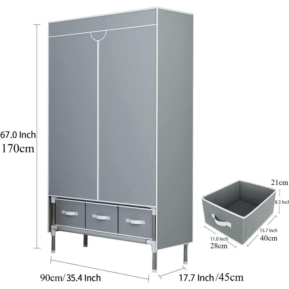 Portable Clothes Closet with Rolling Door, Hanging Rack & 3 Drawers