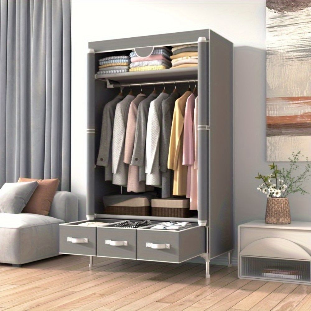 Portable Clothes Closet with Rolling Door, Hanging Rack & 3 Drawers