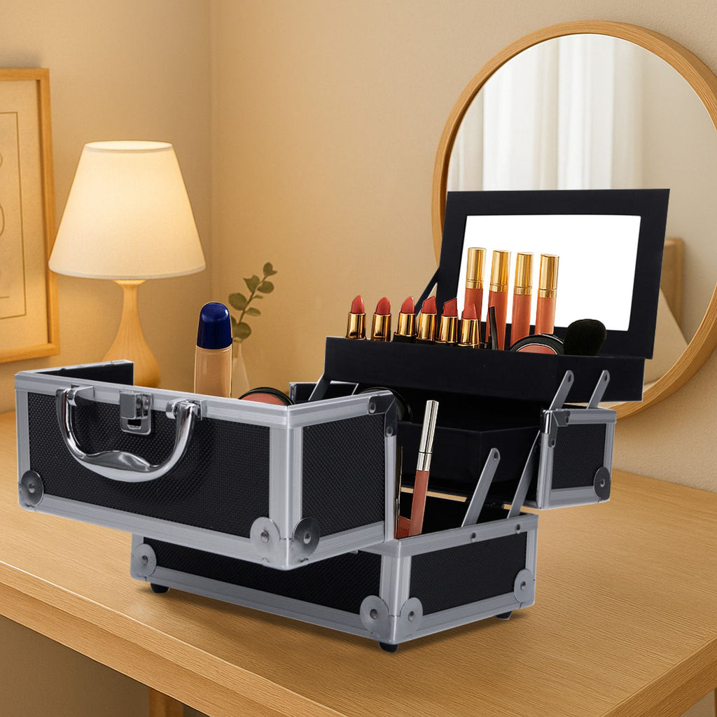 Black Diamond-Texture Makeup Case with Mirror and Key