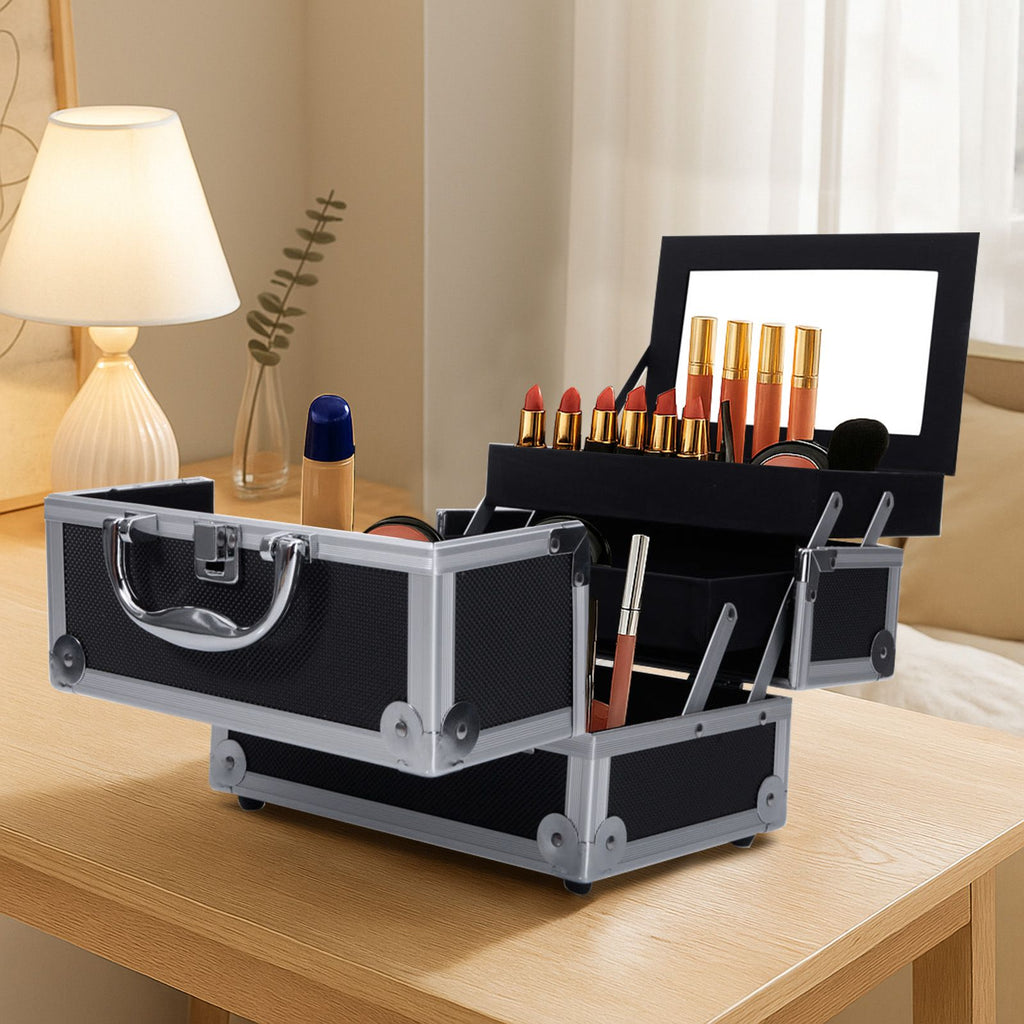 Black Diamond-Texture Makeup Case with Mirror and Key