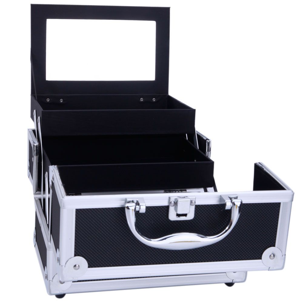 Black Diamond-Texture Makeup Case with Mirror and Key
