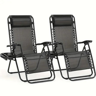 Portable Reclining Lounge Chair with Cup Tray and Adjustable Pillow for Beach, Camping, Patio