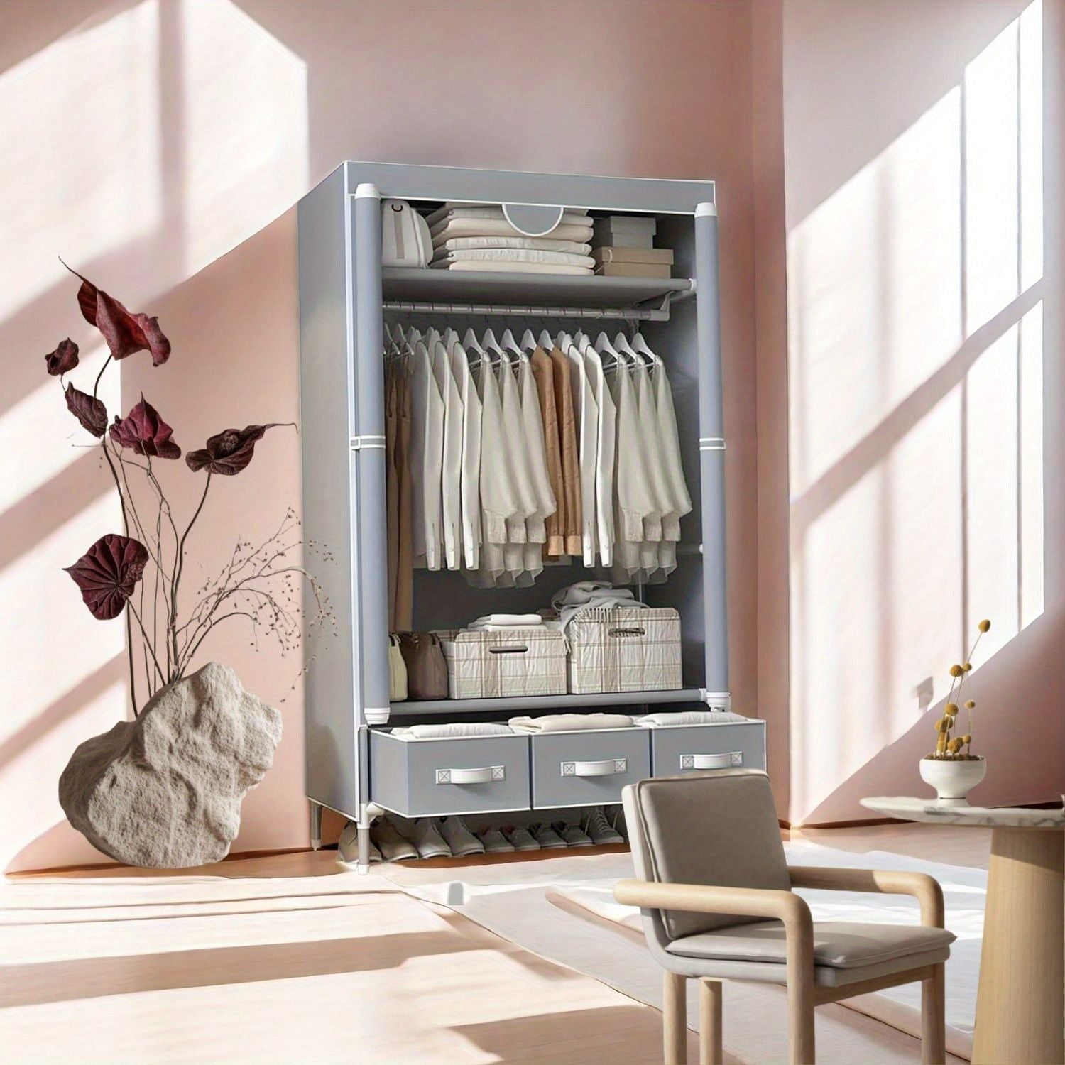 Portable Closet Organizer with Hanging Rack and Drawers