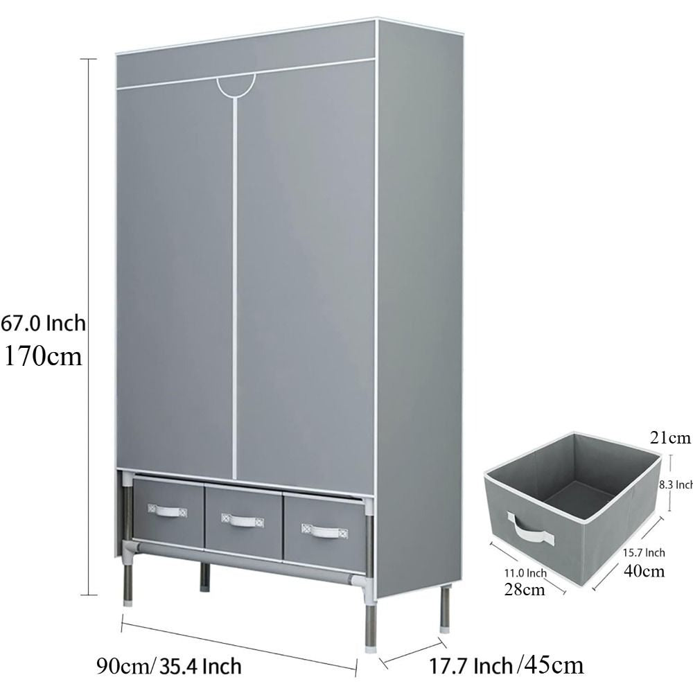 Portable Wardrobe Closet with Rolling Curtain Door, Hanging Rod, and 3 Drawer Boxes