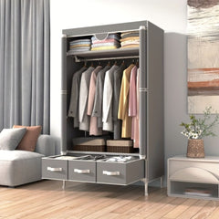 Portable Wardrobe Closet with Rolling Curtain Door, Hanging Rod, and 3 Drawer Boxes