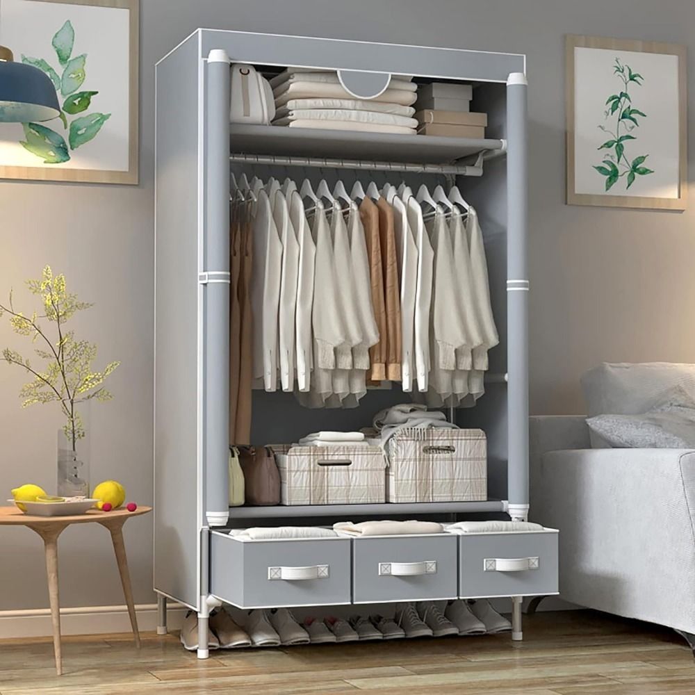 Portable Wardrobe Closet with Rolling Curtain Door, Hanging Rod, and 3 Drawer Boxes