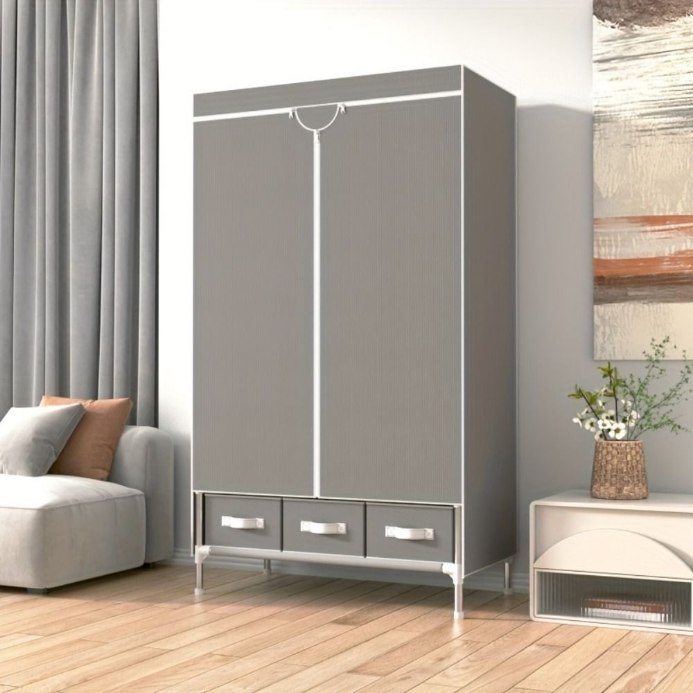 Portable Wardrobe Closet with Rolling Curtain Door, Hanging Rod, and 3 Drawer Boxes