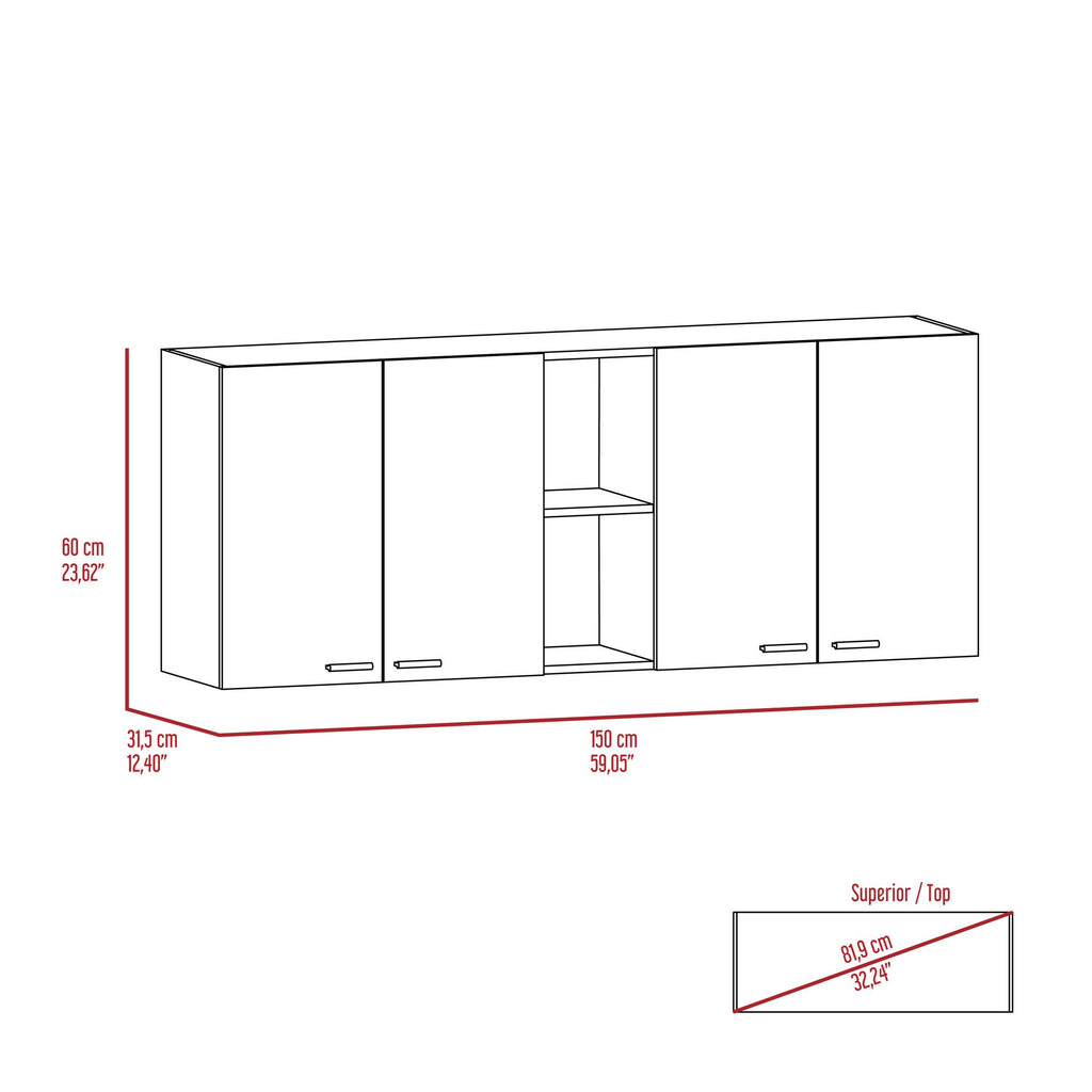 Portofino 150 Wall Cabinet – Double Door, Open Shelving, Built-In Dish Rack – White