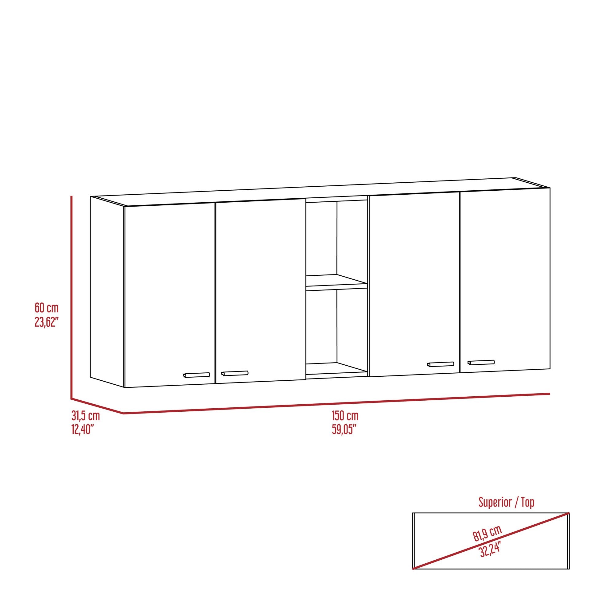 Portofino 150 Wall Cabinet – Double Door, Open Shelving, Built-In Dish Rack – White