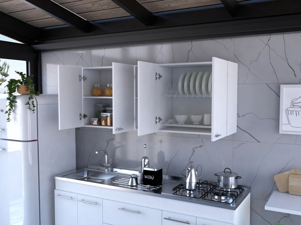 Portofino 150 Wall Cabinet – Double Door, Open Shelving, Built-In Dish Rack – White