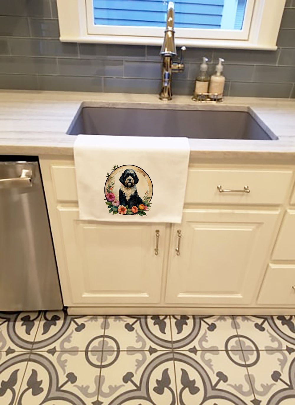 Portuguese Water Dog and Flowers Kitchen Towel Set
