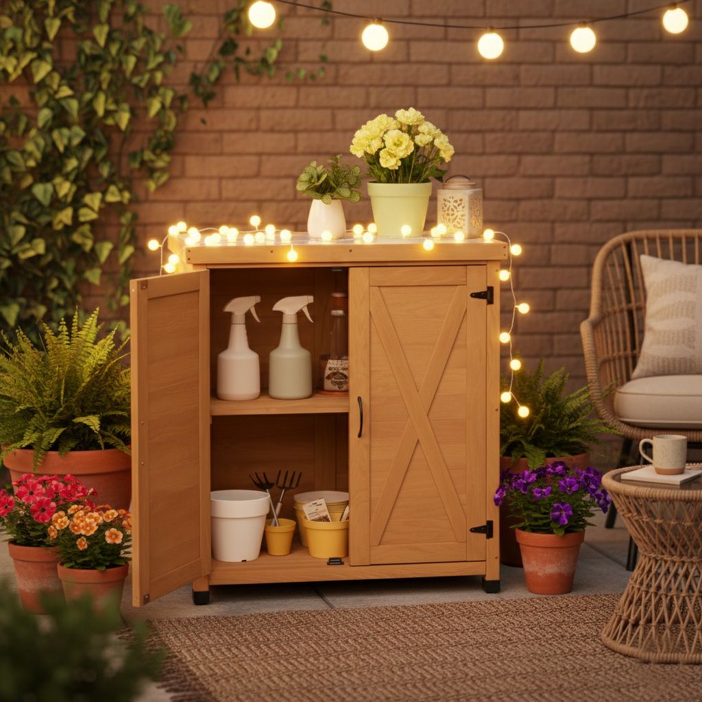 Outdoor Potting Bench with Storage Cabinet and Metal Table Top