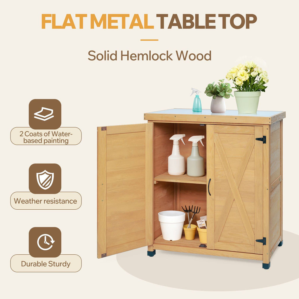 Outdoor Potting Bench with Storage Cabinet and Metal Table Top
