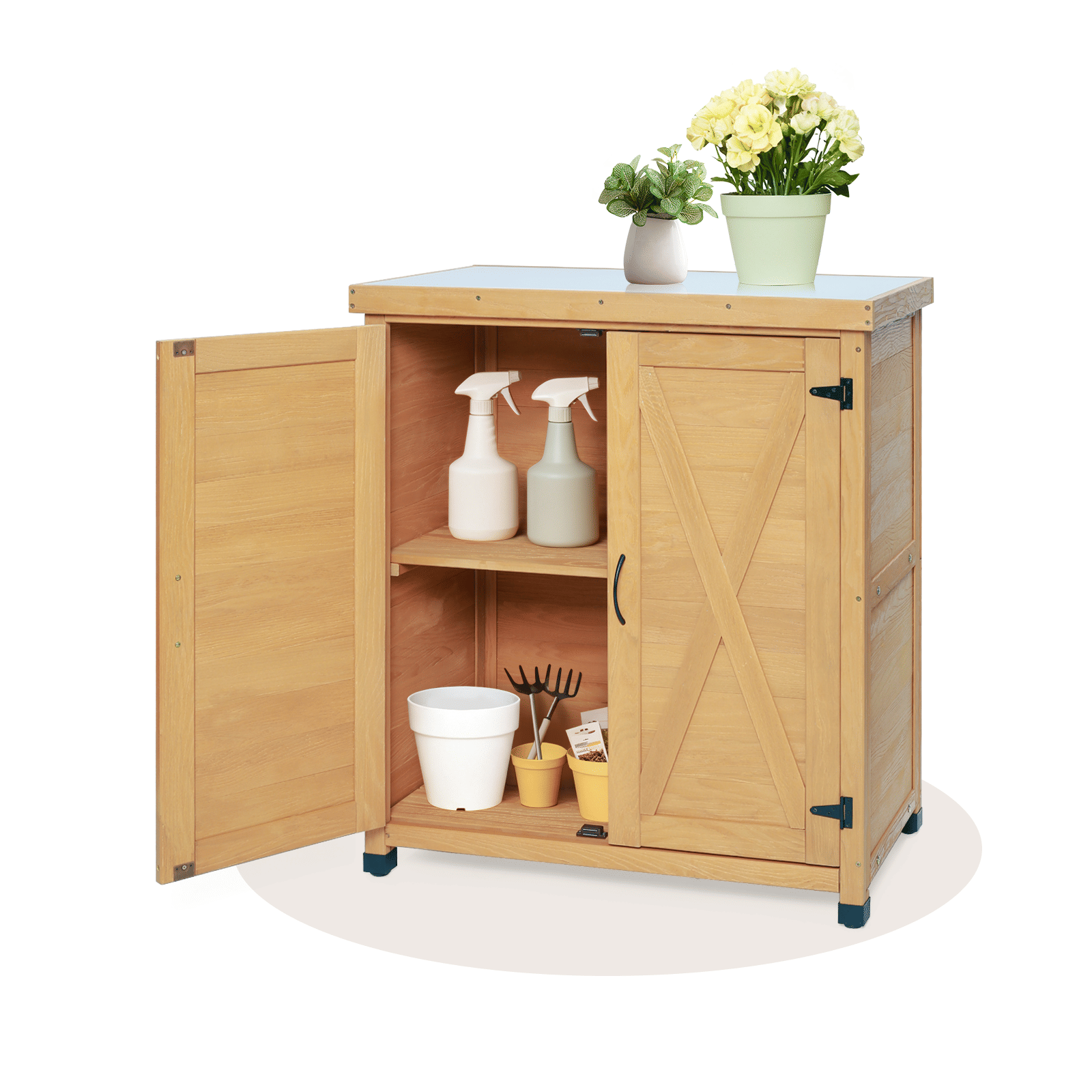 Outdoor Potting Bench with Storage Cabinet and Metal Table Top
