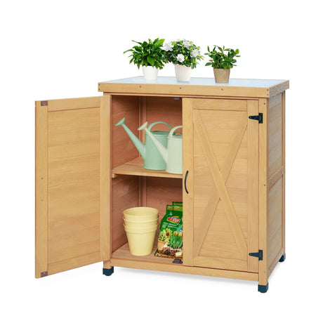 Outdoor Potting Bench with Storage Cabinet and Metal Table Top