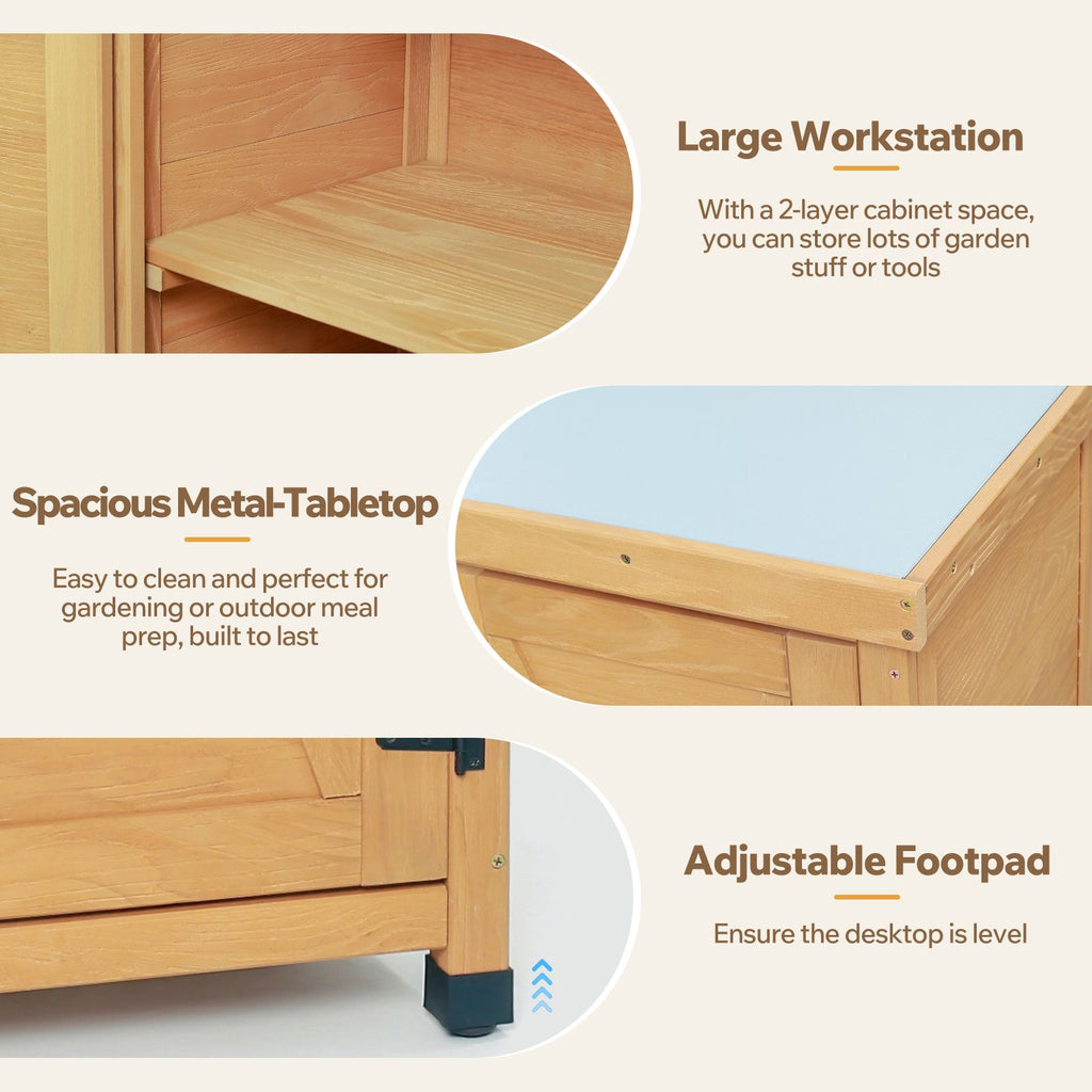 Outdoor Potting Bench with Storage Cabinet and Metal Table Top