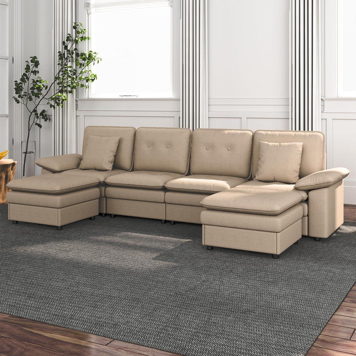 Six-Seat Modular Sectional with Movable Ottoman - Khaki