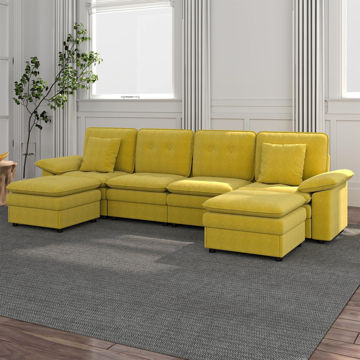 Six-Seat Modular Sectional with Movable Ottoman - Yellow