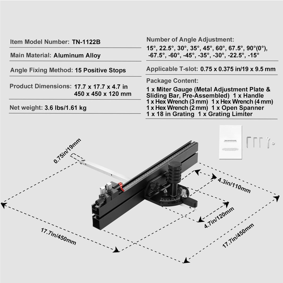 Precision Miter Gauge for Standard Table Saws with 15 Angle Stops