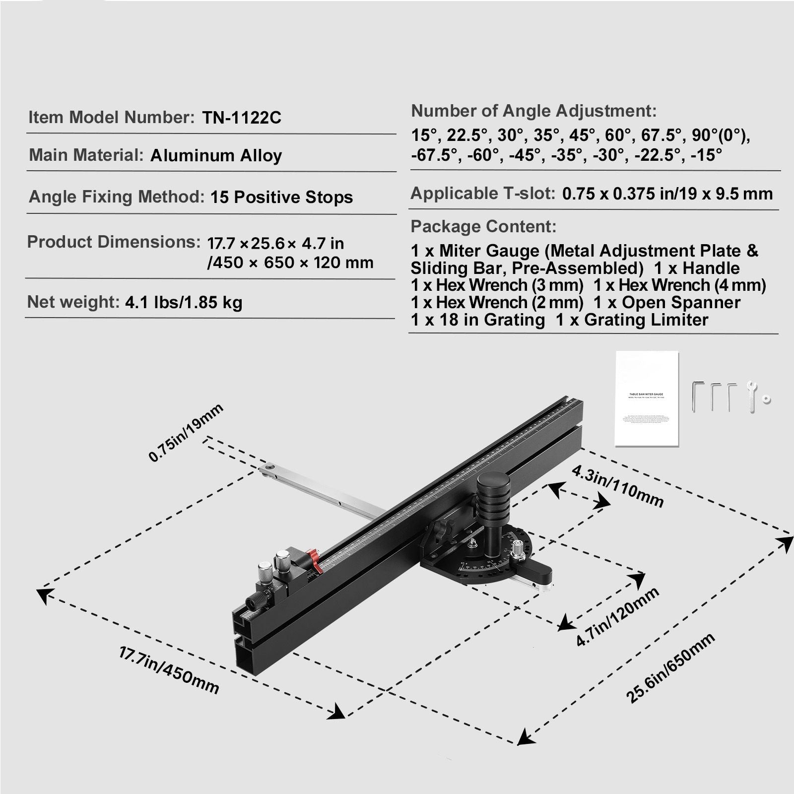 Precision Table Saw Miter Gauge with Preset Angle Stops