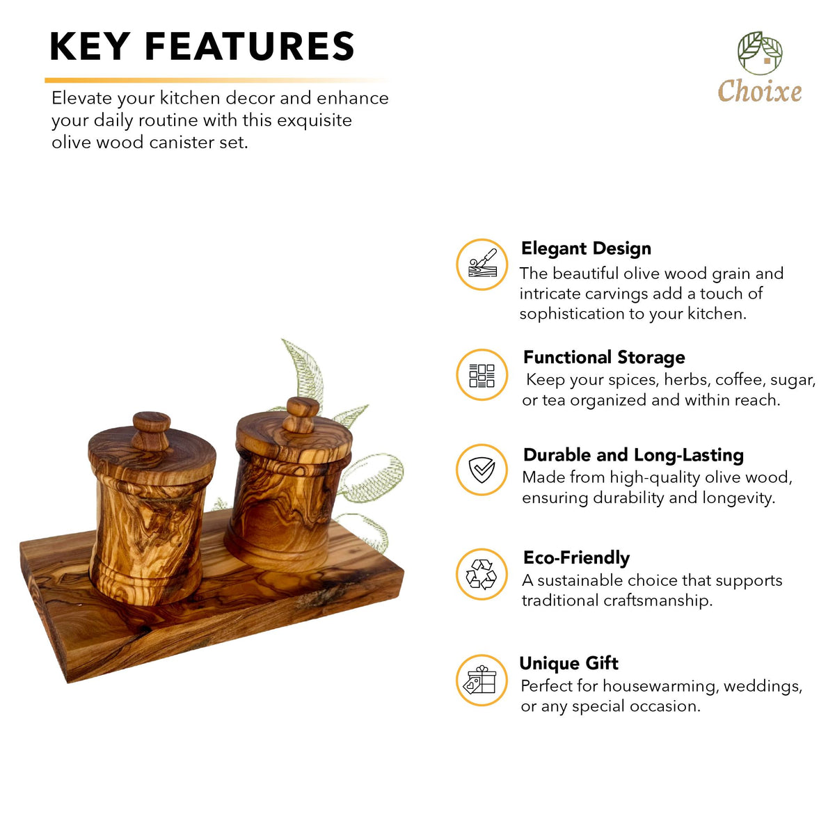 Premium Olive Wood Canister Set with Carved Storage Base - Elegant Countertop Kitchen Organizers for