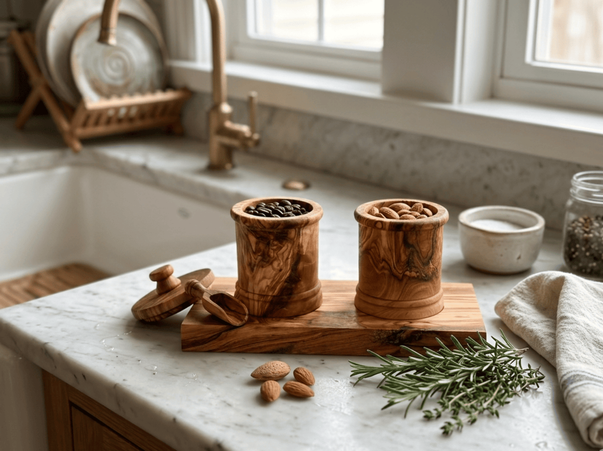 Premium Olive Wood Canister Set with Carved Storage Base - Elegant Countertop Kitchen Organizers for