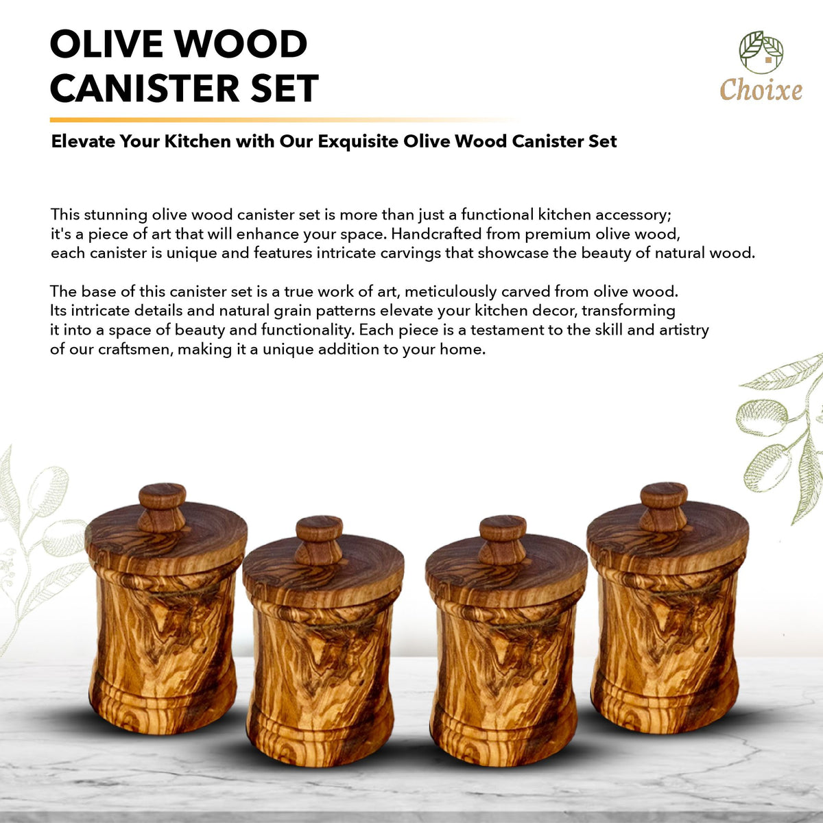 Premium Olive Wood Canister Set with Carved Storage Base - Elegant Countertop Kitchen Organizers for