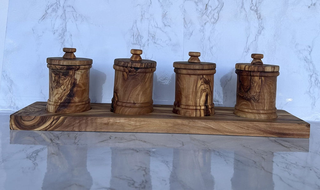 Premium Olive Wood Canister Set with Carved Storage Base - Elegant Countertop Kitchen Organizers for