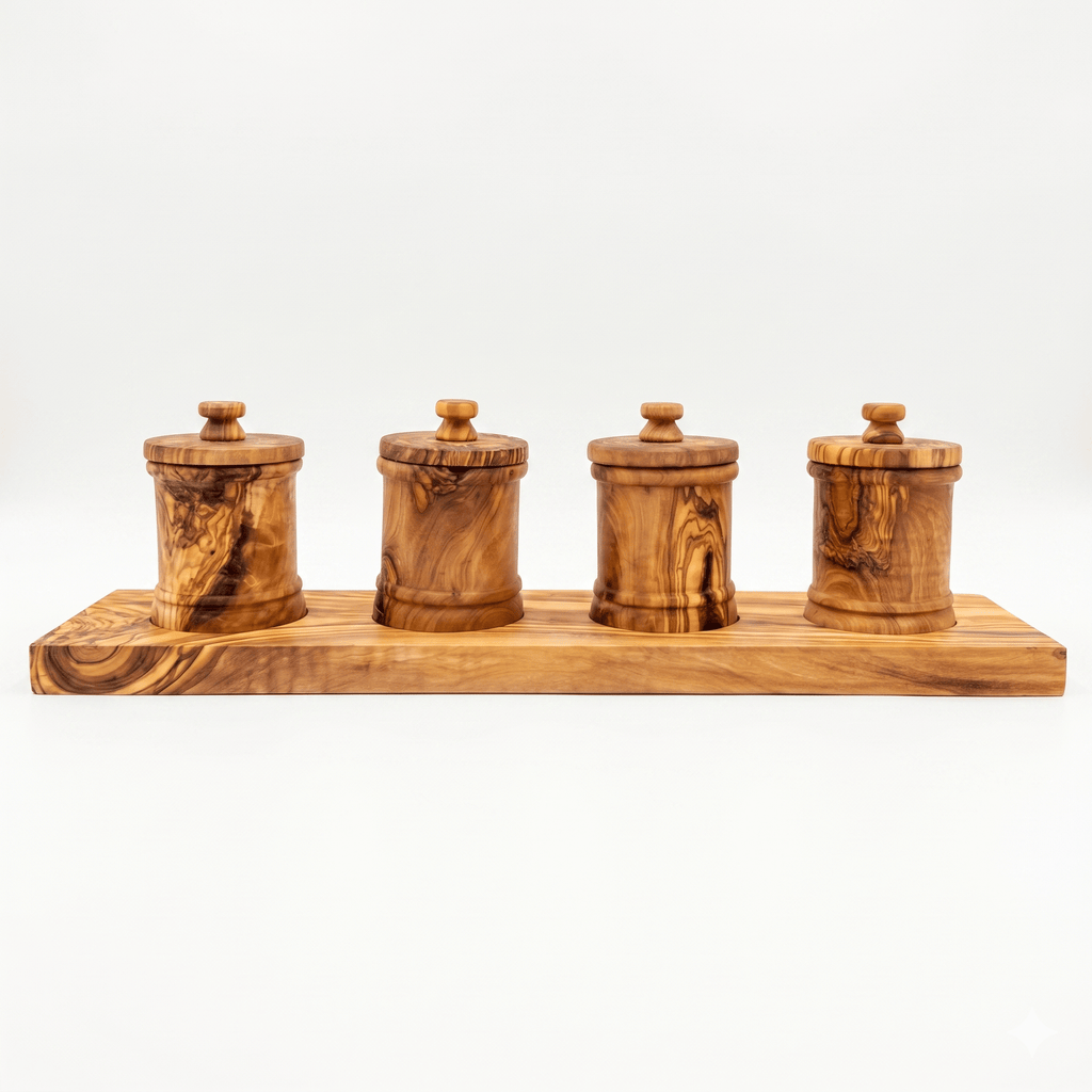 Premium Olive Wood Canister Set with Carved Storage Base - Elegant Countertop Kitchen Organizers for